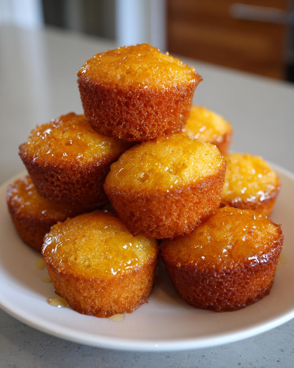 A stack of golden brown honey butter cornbread poppers drizzled with shiny honey glaze on a white plate.