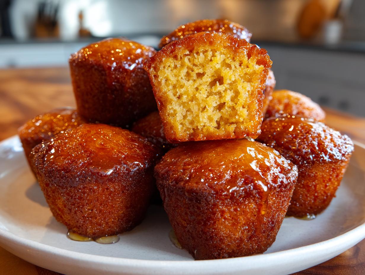 A stack of golden brown honey butter cornbread poppers, one cut open to show the moist interior, glistening with honey glaze.