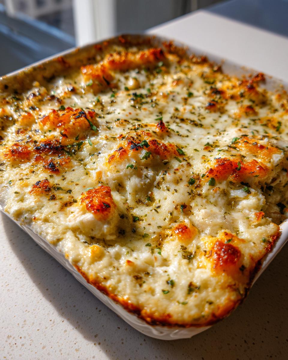 Close-up of hot, baked joe's crab shack crab dip with browned cheese topping and green herbs.