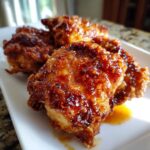 Close-up of crispy, glazed hot honey fried chicken thighs resting on a white plate.