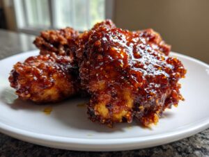 Close-up of three crispy hot honey fried chicken thighs coated in a thick, glossy, dark amber glaze.
