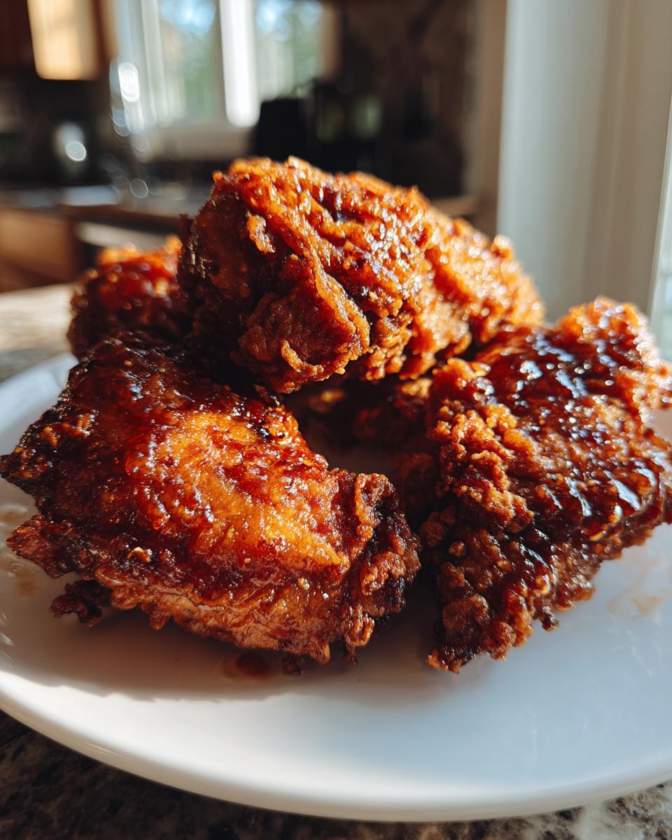 Close-up of several crispy, glazed hot honey fried chicken thighs piled on a white plate.