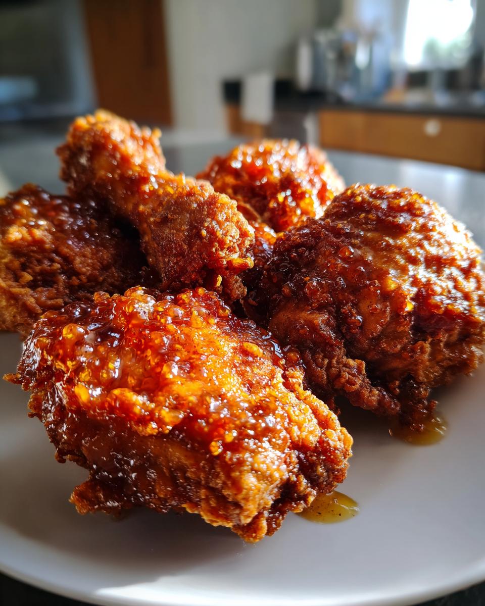 Close-up of crispy, glazed hot honey fried chicken thighs piled on a white plate.