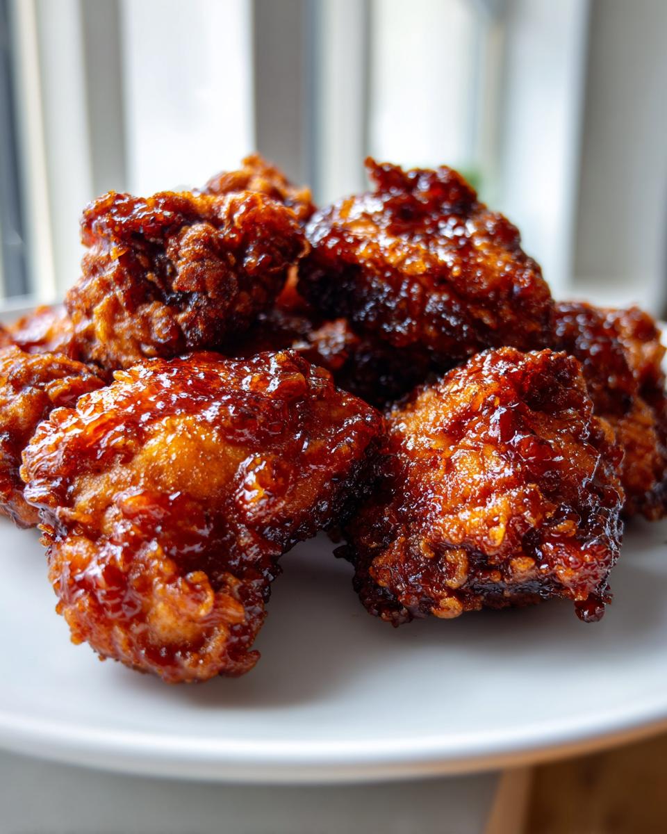 A close-up of several pieces of crispy hot honey fried chicken thighs coated in a shiny, dark glaze.
