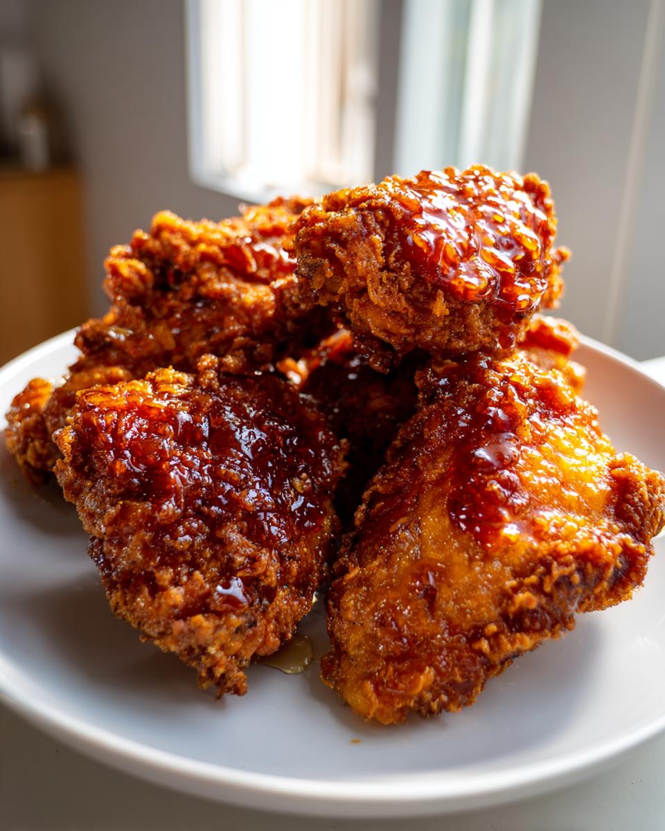 Close-up of crispy, golden-brown hot honey fried chicken thighs piled on a white plate.