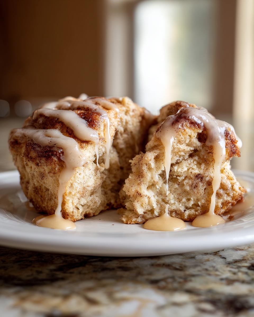 A close-up of freshly baked cinnamon bun scones, broken in half, drizzled heavily with a thick, light brown glaze.