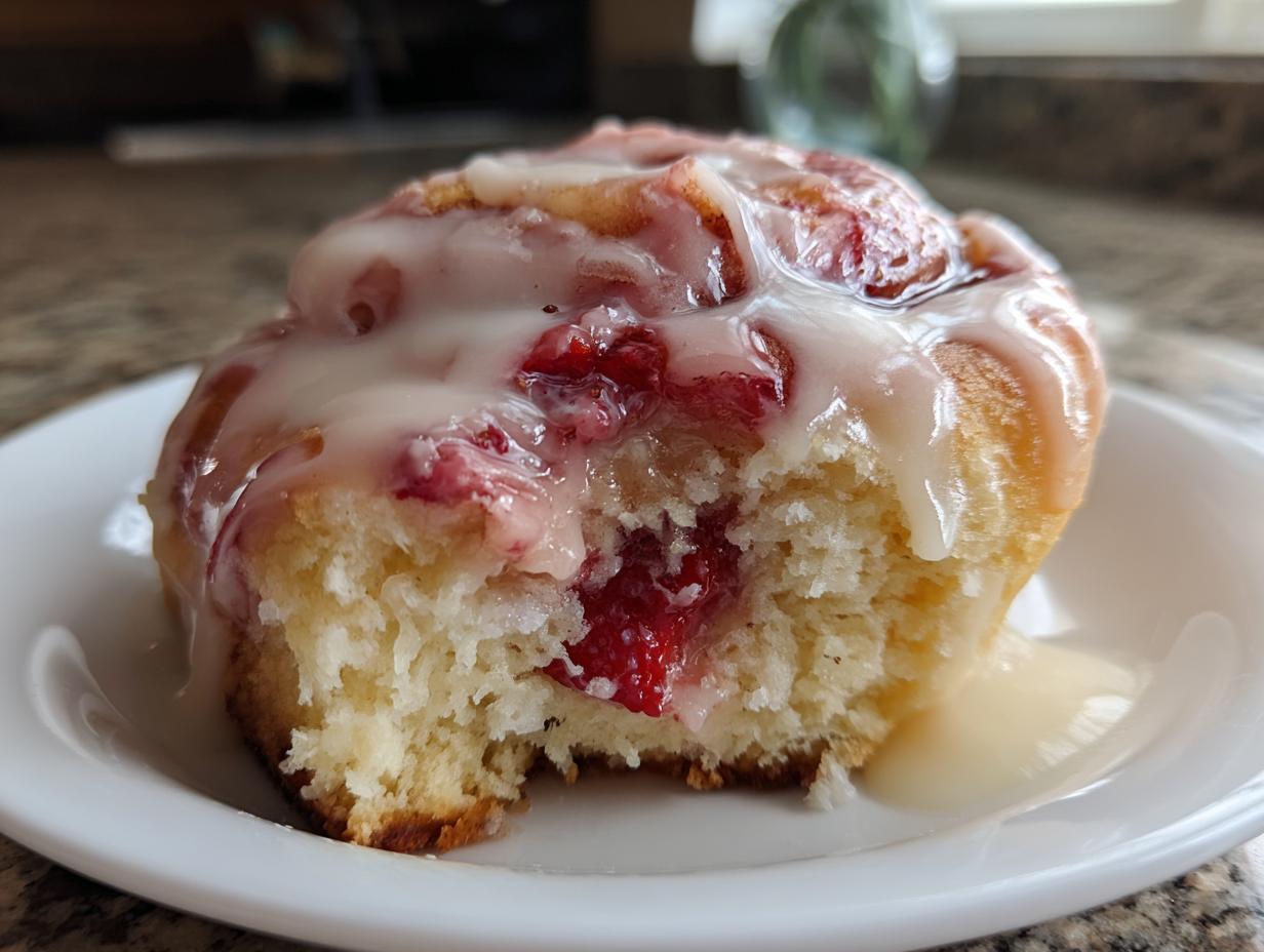 A close-up of a soft, fluffy strawberry cinnamon rolls with a bite taken out, drizzled heavily with white icing.