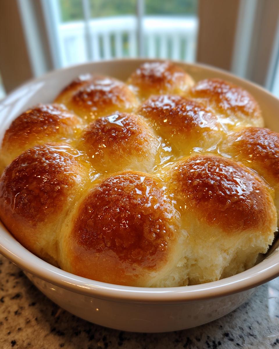 Close-up of golden brown irresistible dinner rolls baked together in a white dish and generously brushed with melted butter.