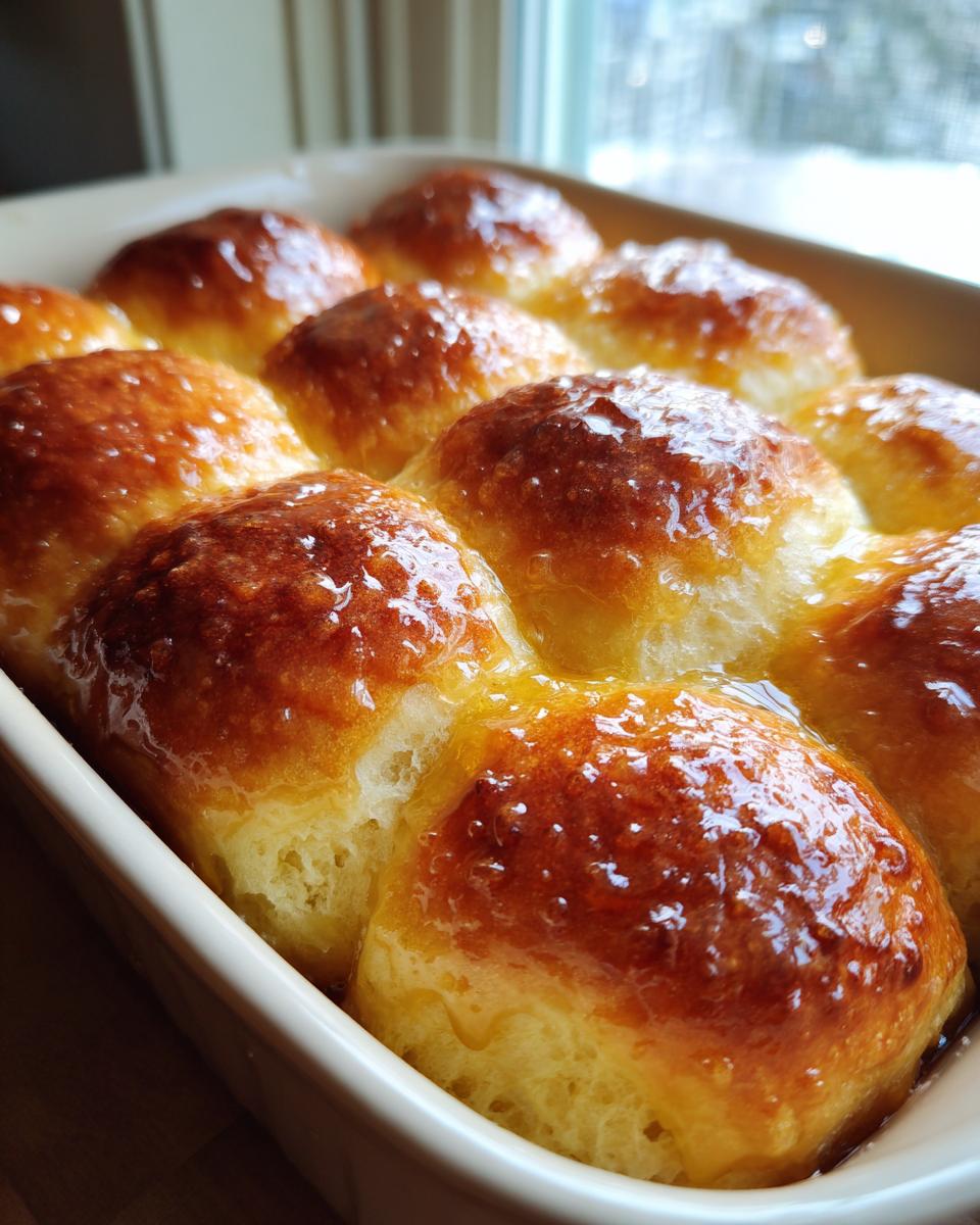 A close-up view of freshly baked, golden brown irresistible dinner rolls covered in a shiny honey or butter glaze in a light ceramic dish.