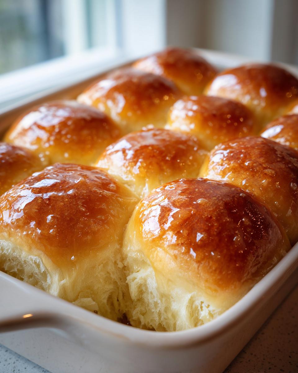 A close-up of glossy, golden-brown irresistible dinner rolls baked together in a white dish.