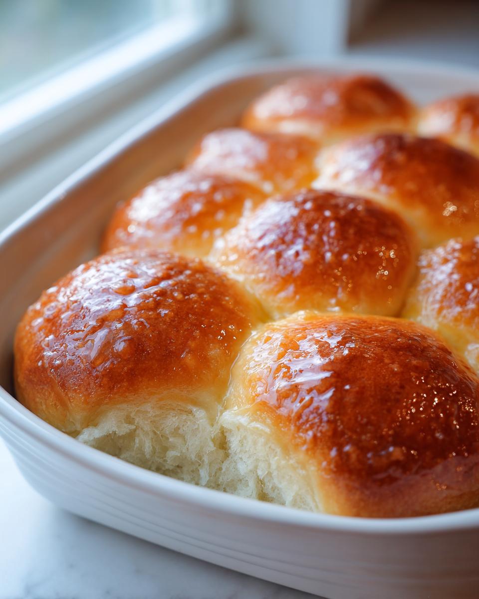 Close-up of freshly baked, golden brown, irresistible dinner rolls glistening with a sweet glaze in a white baking dish.