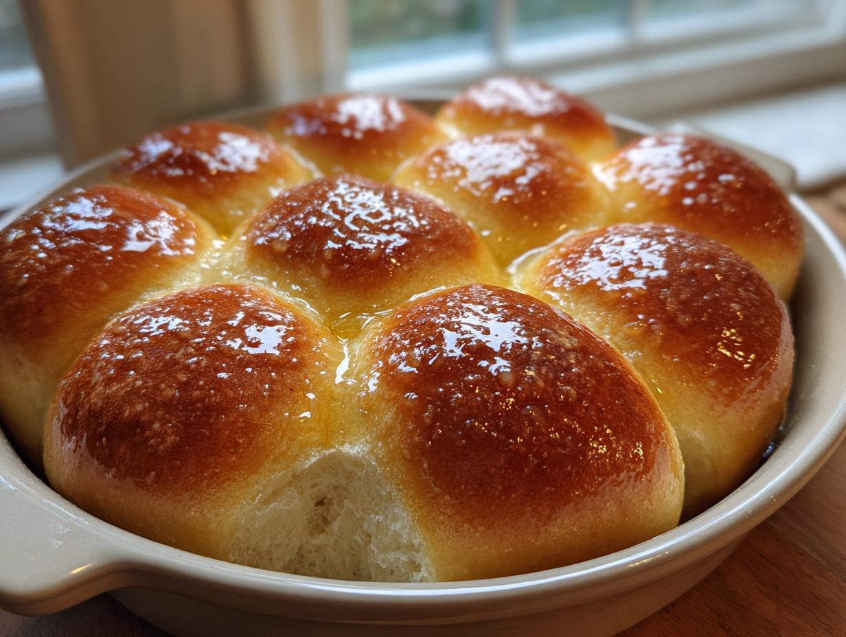 A close-up of freshly baked, golden-brown irresistible dinner rolls glistening with melted butter or glaze in a round baking dish.