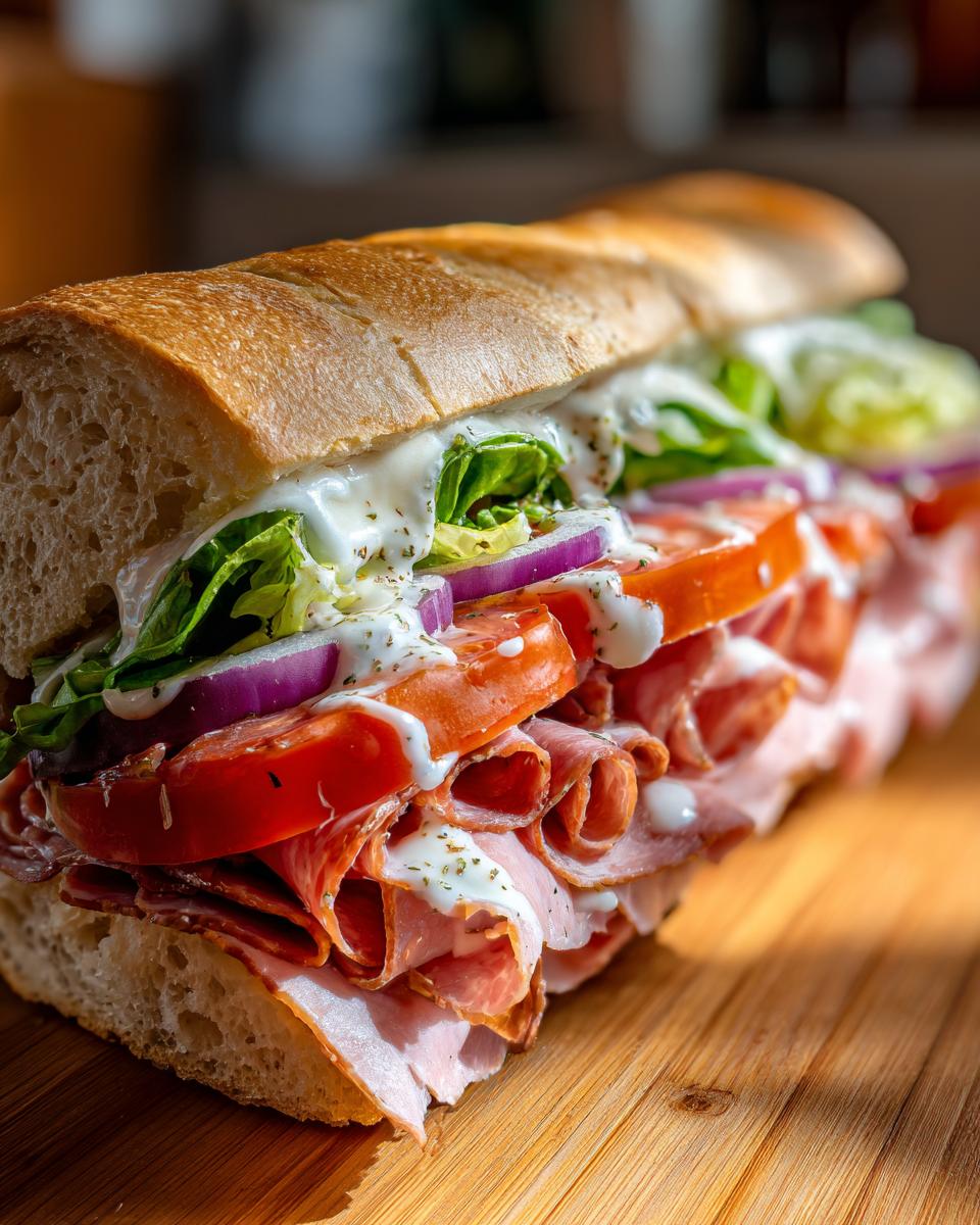 A close-up of a fully loaded italian grinder sub featuring layers of deli meats, tomatoes, red onion, lettuce, and creamy dressing.