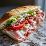 A close-up, appetizing view of a fully loaded italian grinder sub sandwich on a marble surface.