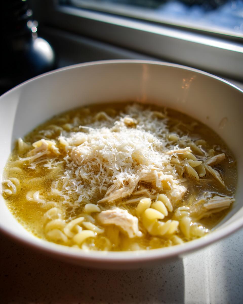 Close-up of a white bowl filled with italian penicillin soup containing broth, pasta, shredded chicken, and topped with grated Parmesan cheese.