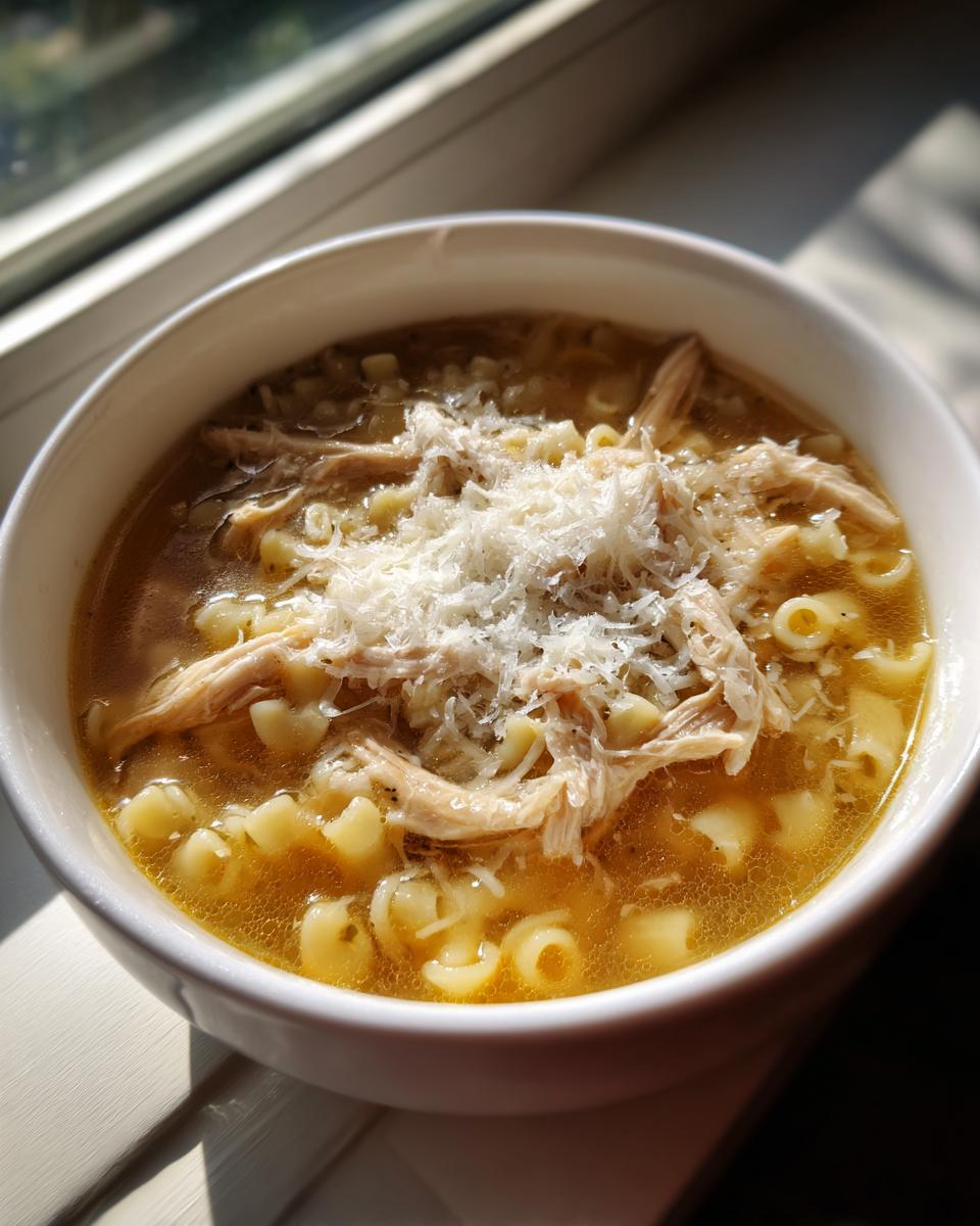 Close-up of a bowl of steaming italian penicillin soup topped with shredded chicken and grated Parmesan cheese.