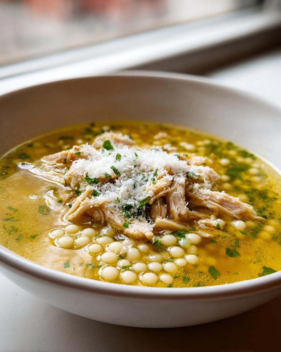 Close-up of a white bowl filled with Italian penicillin soup, featuring shredded chicken, acini di pepe pasta, and grated Parmesan cheese.