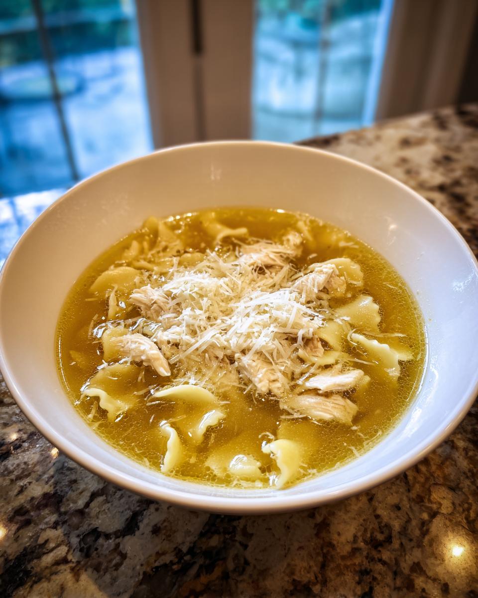 A white bowl filled with hot Italian penicillin soup, featuring broth, pasta, shredded chicken, and grated Parmesan cheese.