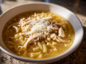 Close-up of a bowl of warm italian penicillin soup featuring shredded chicken, small pasta, and grated Parmesan cheese.