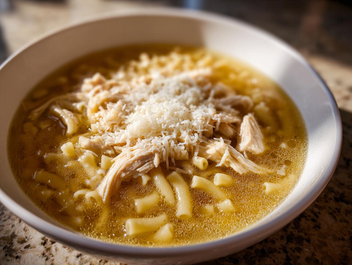 Close-up of a bowl of warm italian penicillin soup featuring shredded chicken, small pasta, and grated Parmesan cheese.