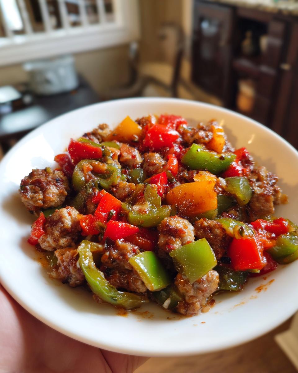 Close-up of a white bowl filled with cooked Italian sausage and peppers, featuring red, green, and yellow bell peppers.