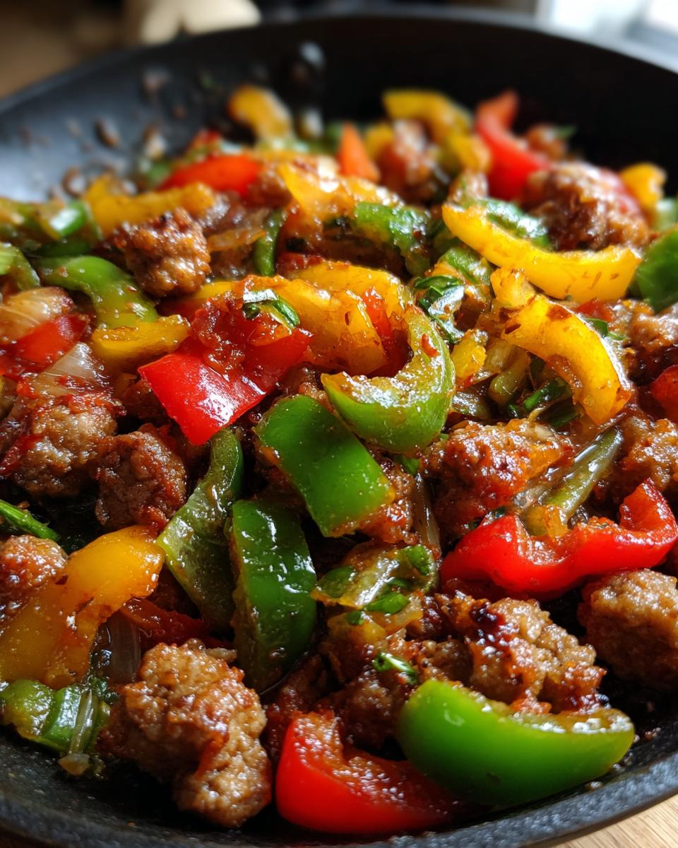 Close-up view of sizzling Italian sausage and peppers, featuring red, yellow, and green bell peppers.