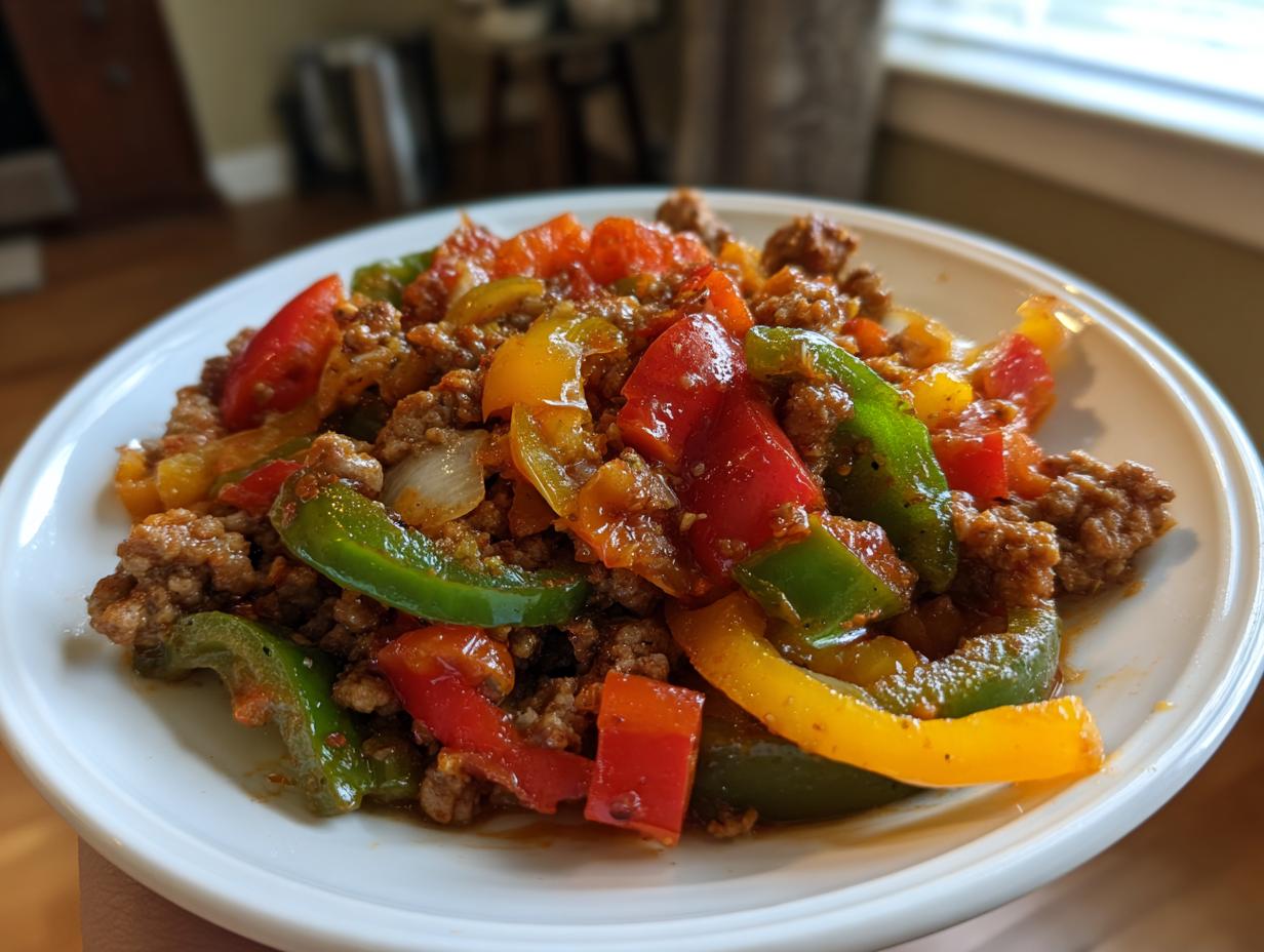 A close-up of a serving of Italian sausage and peppers, featuring colorful bell peppers and seasoned ground meat on a white plate.