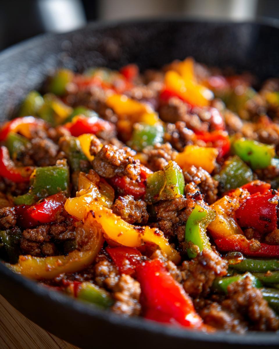 Close-up, steaming shot of Italian sausage and peppers mixture cooking in a dark skillet.