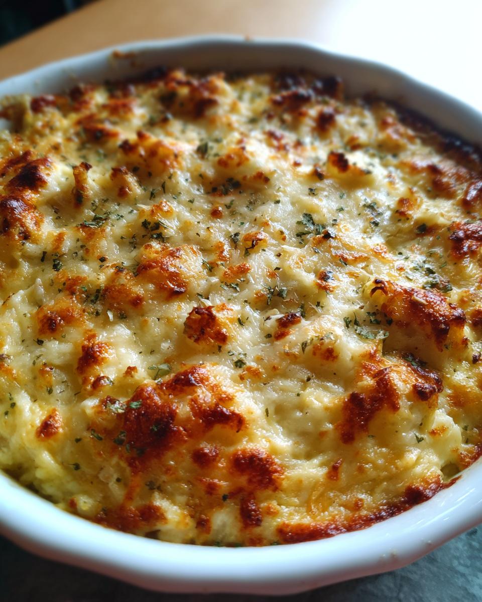 Close-up of hot Joe's Crab Shack crab dip, baked until golden brown and bubbly with herbs.