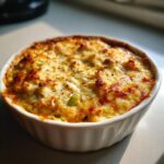 Close-up of baked joe's crab shack crab dip with a golden, bubbly cheese crust in a white ramekin.