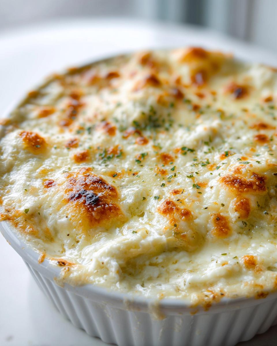 Close-up of baked joe's crab shack crab dip with a bubbly, browned cheese topping and parsley garnish.