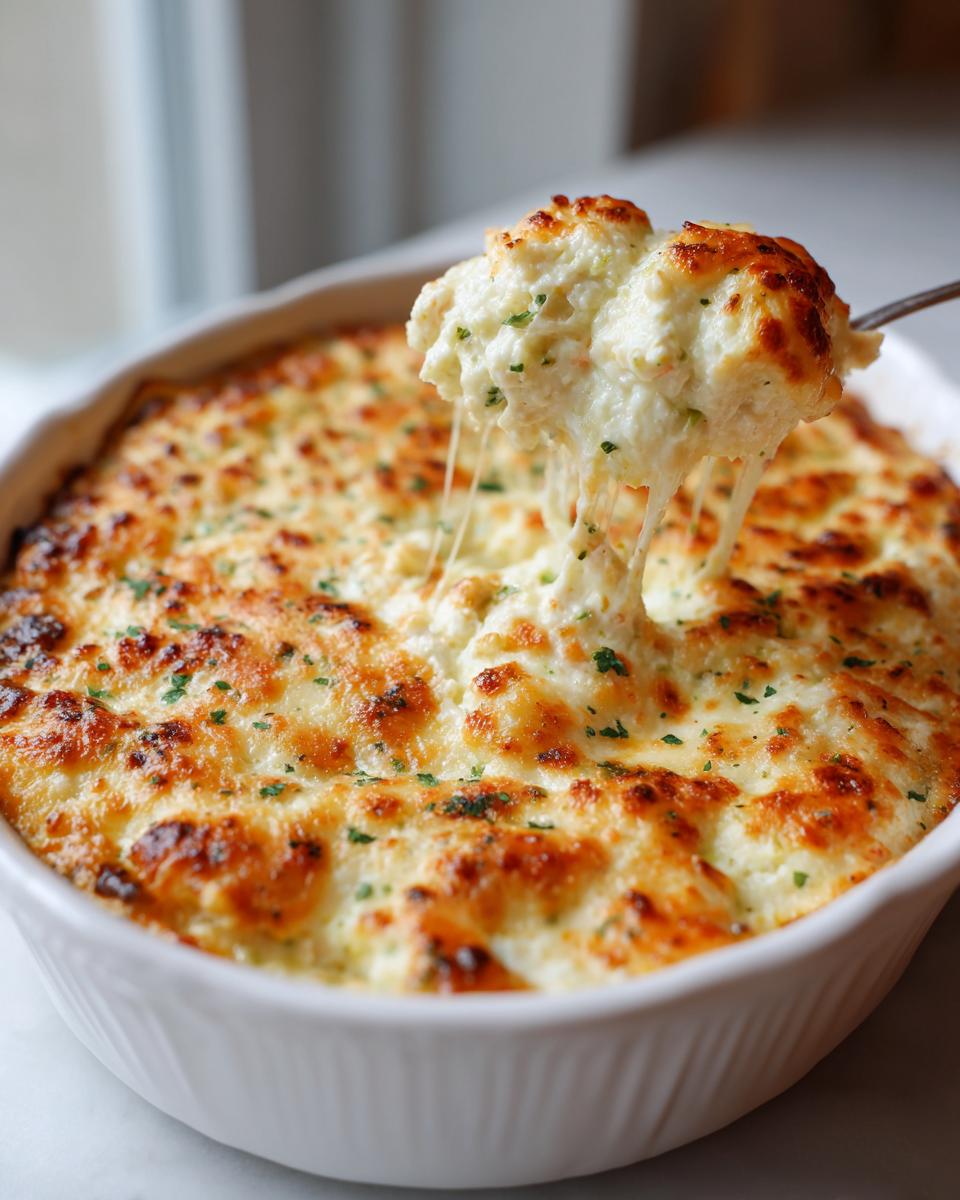 A spoonful of hot, cheesy Joe's Crab Shack Crab Dip being lifted from a white baking dish, showing cheese pulls.