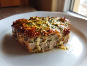 Close-up of a juicy baked pork chops oven boneless with a golden, herbed cheese topping on a white plate.