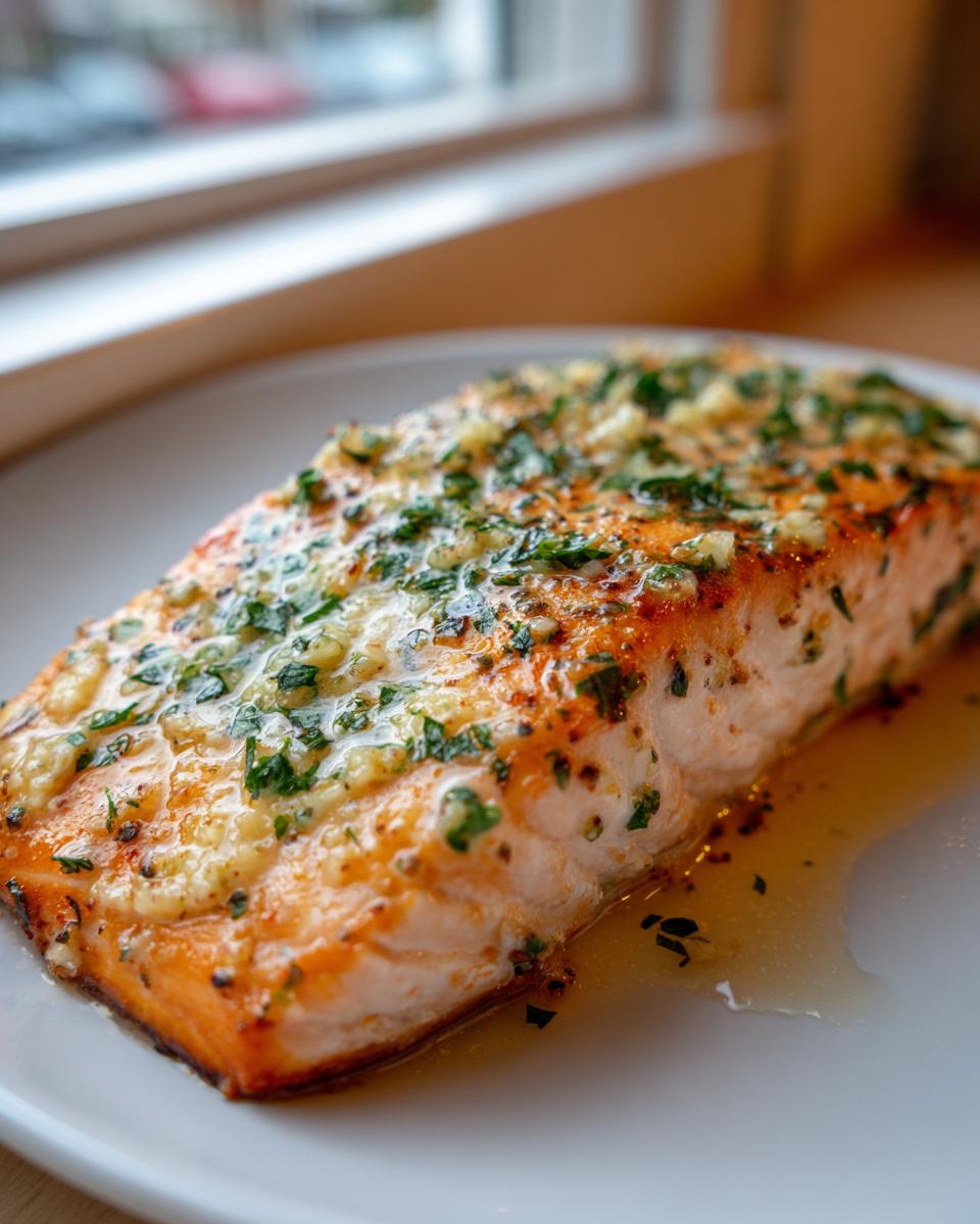 Close-up of a perfectly cooked piece of baked salmon topped with garlic and fresh parsley, glistening with juices.