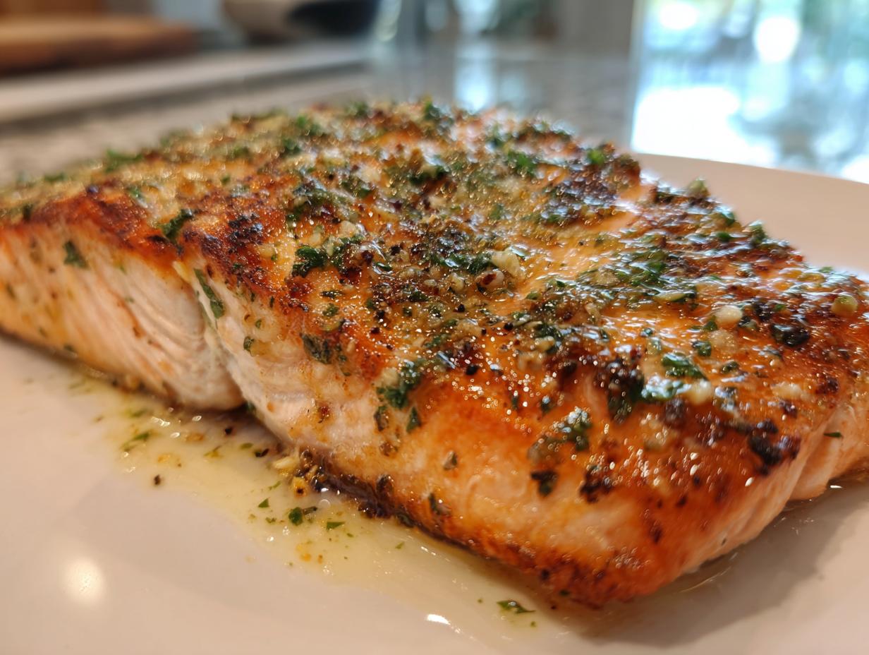 Close-up of a perfectly cooked piece of baked salmon topped with melted butter, garlic, and fresh parsley.