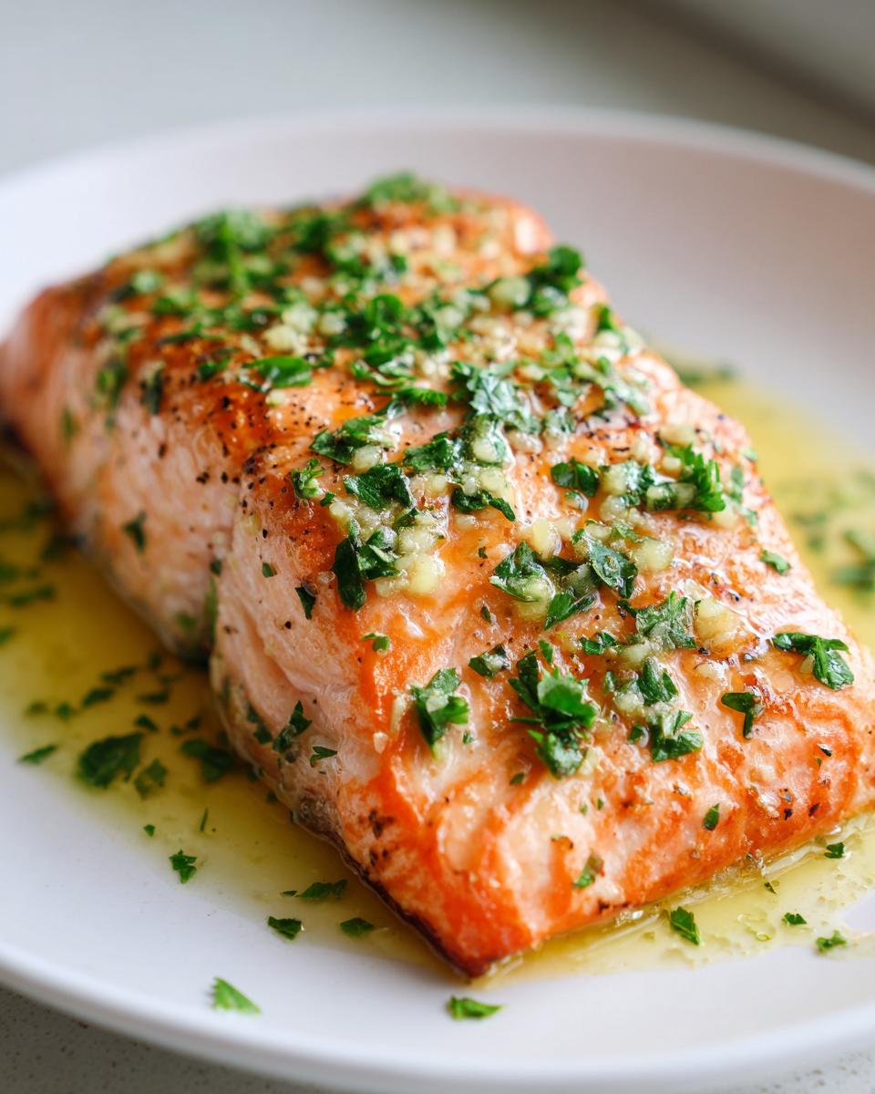 Close-up of a perfectly cooked piece of baked salmon topped with minced garlic and fresh parsley, resting in butter sauce.