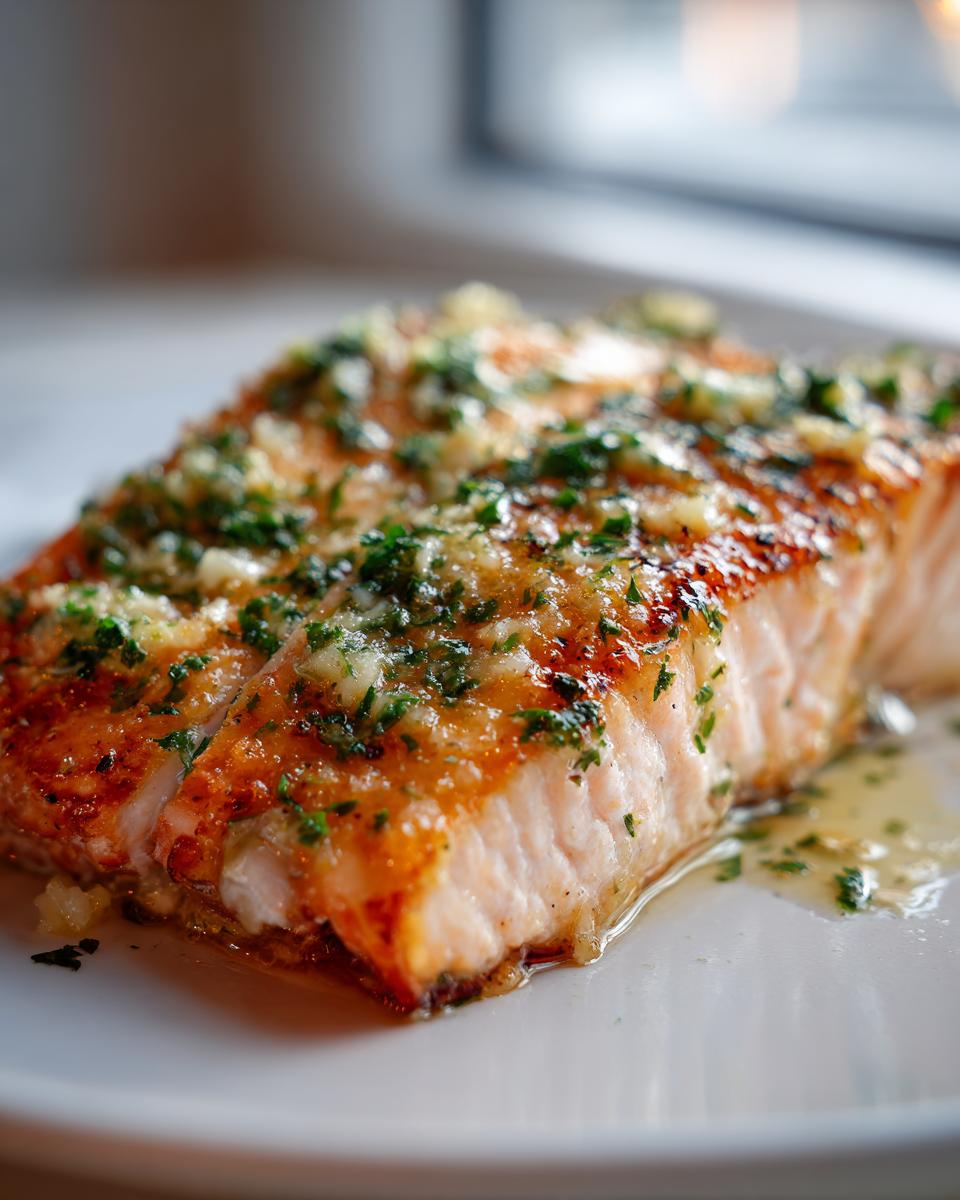 Close-up of a perfectly cooked, juicy baked salmon fillet topped with garlic and fresh parsley.