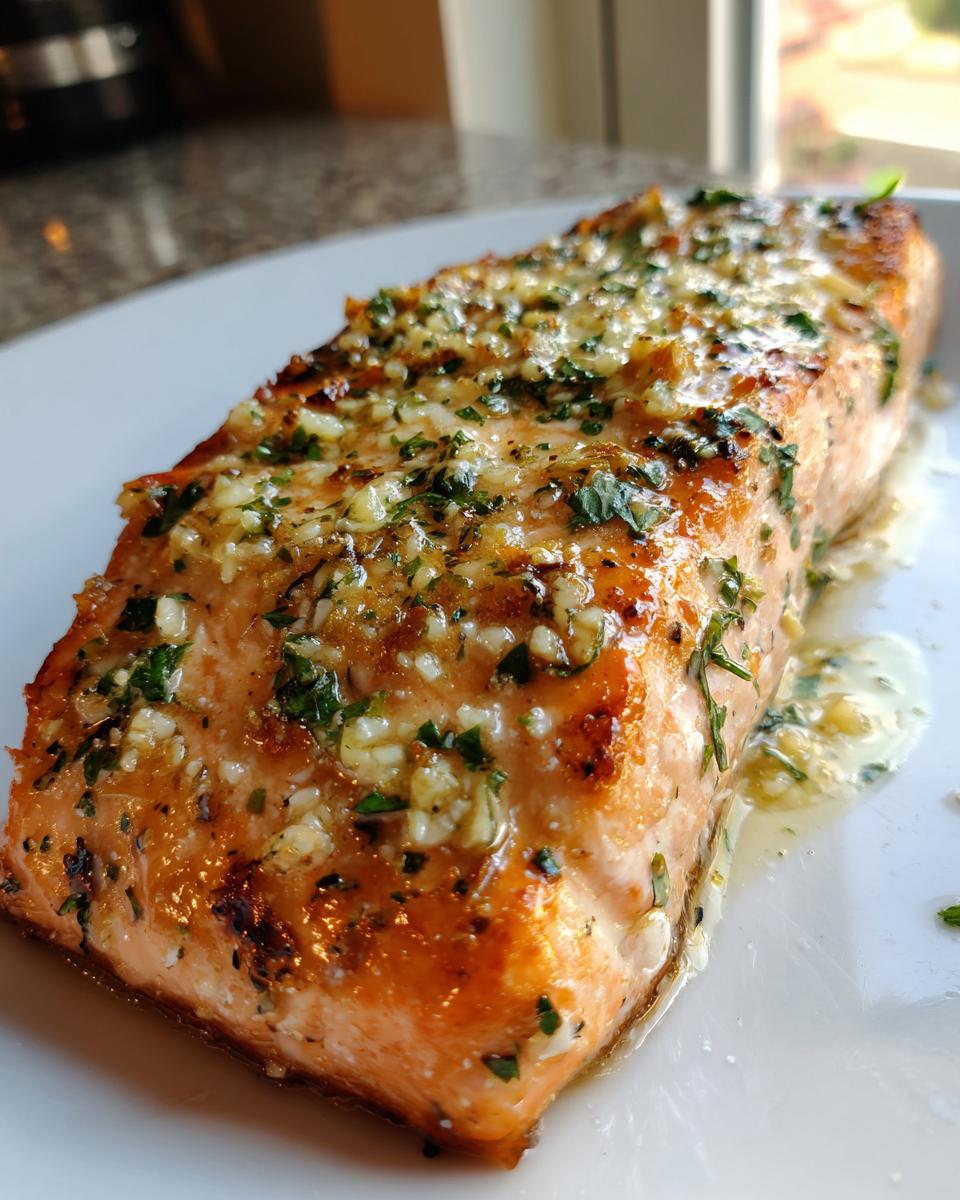 Close-up of a perfectly cooked baked salmon fillet topped with melted butter, minced garlic, and fresh parsley.