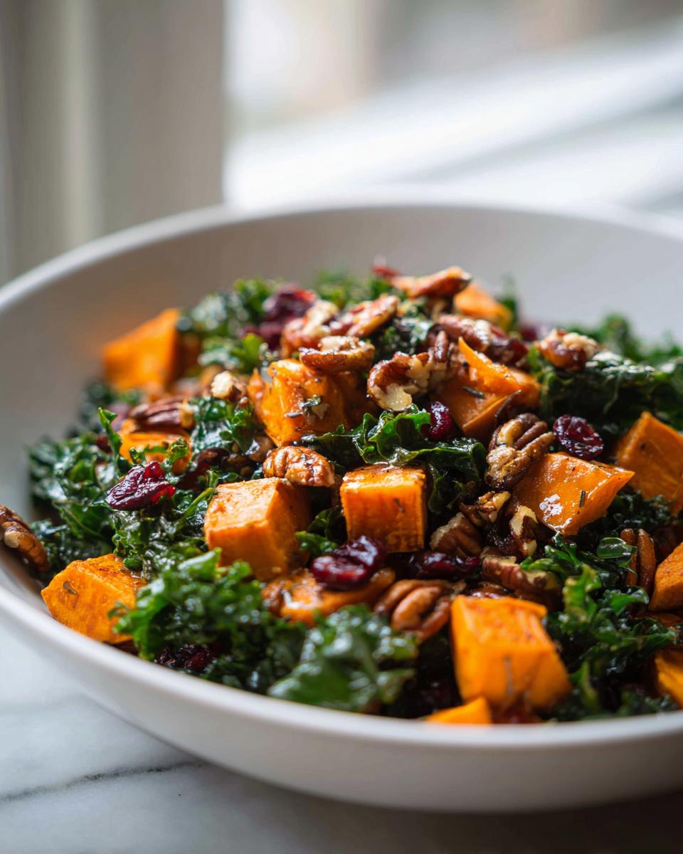 A close-up of a vibrant healthy fall salad featuring roasted sweet potato cubes, dark green kale, pecans, and dried cranberries in a white bowl.