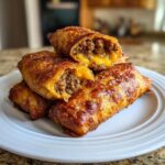 Close-up of crispy keto air fryer cheeseburger egg rolls, one cut open showing ground beef and melted cheese filling.