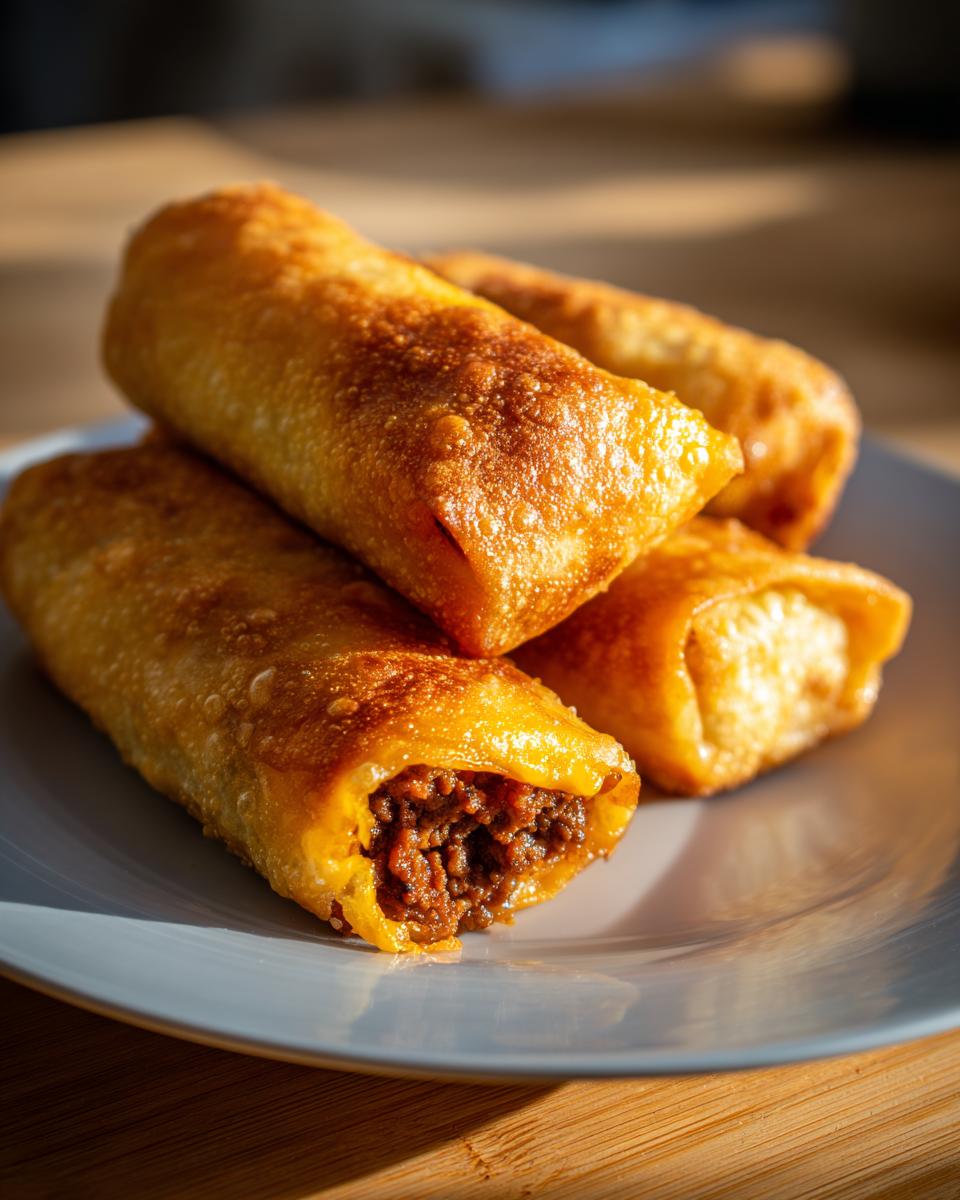 Close-up of golden brown keto air fryer cheeseburger egg rolls stacked on a plate, one showing a savory ground beef filling.