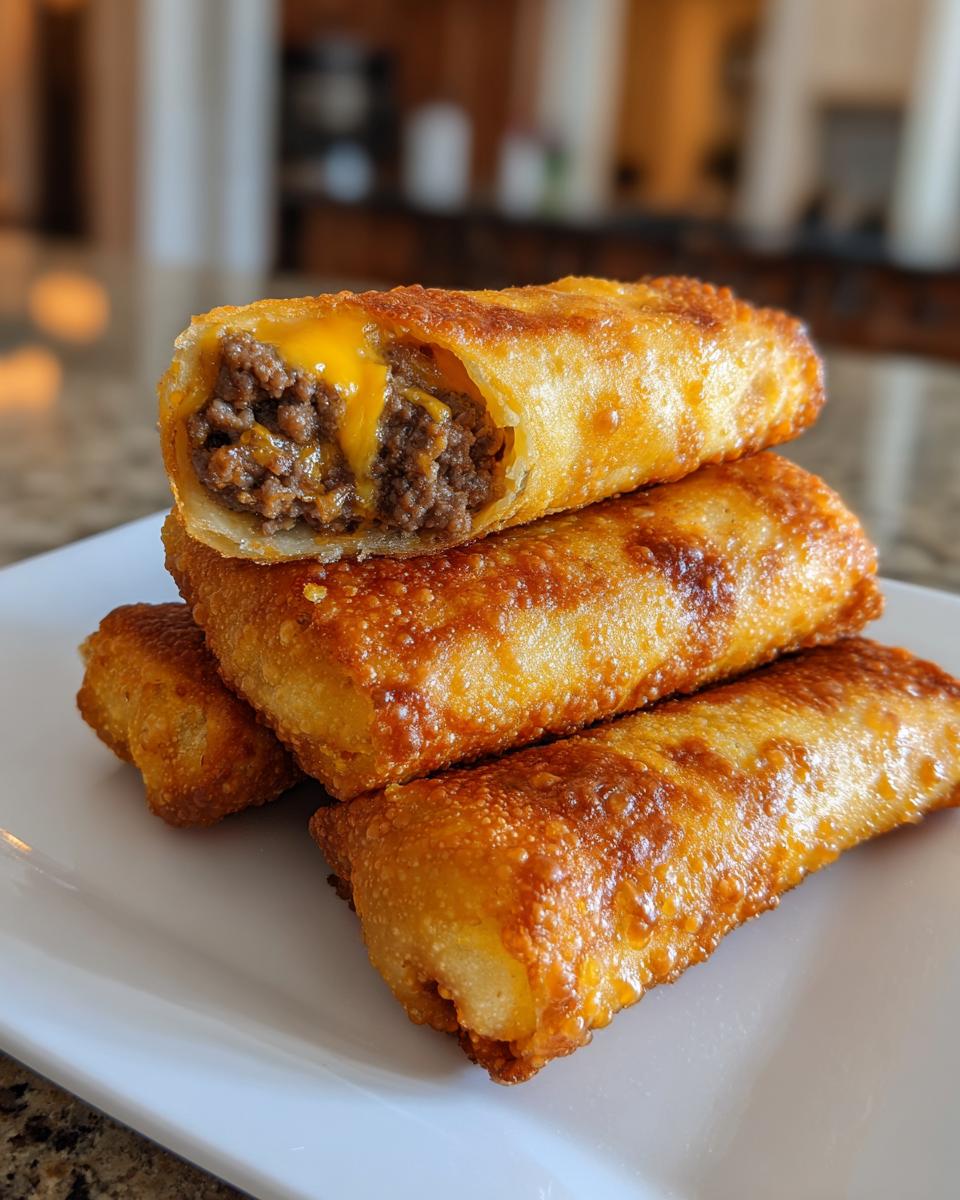 A stack of golden brown keto air fryer cheeseburger egg rolls, with the top one cut open showing ground beef and melted cheese.