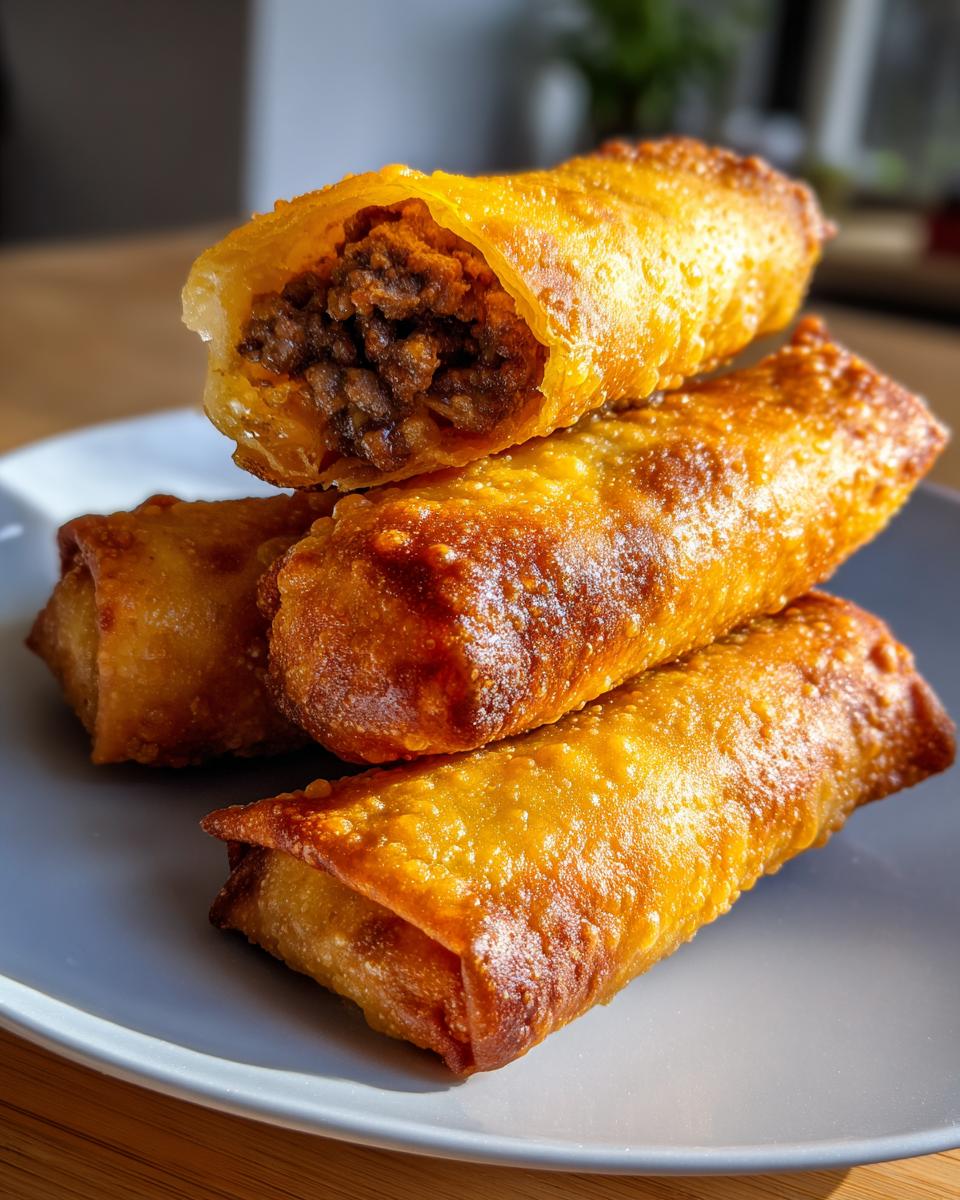 A stack of four golden brown, crispy keto air fryer cheeseburger egg rolls on a light blue plate, one is broken open showing the savory filling.