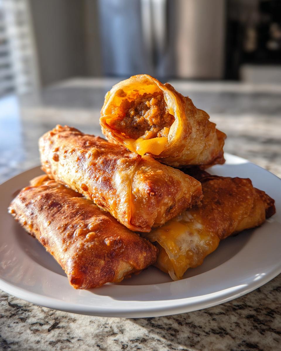 A stack of golden brown keto air fryer cheeseburger egg rolls, one cut open showing the savory filling and melted cheese.