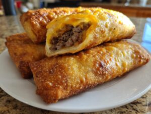 A stack of crispy, golden-brown keto air fryer cheeseburger egg rolls, one cut open showing ground beef and melted cheese.