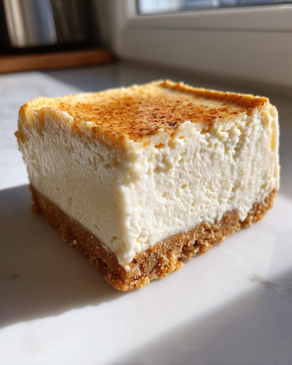 Close-up of a perfectly cut square of keto apple cheesecake bars with a thick, creamy filling and a graham cracker-style crust.