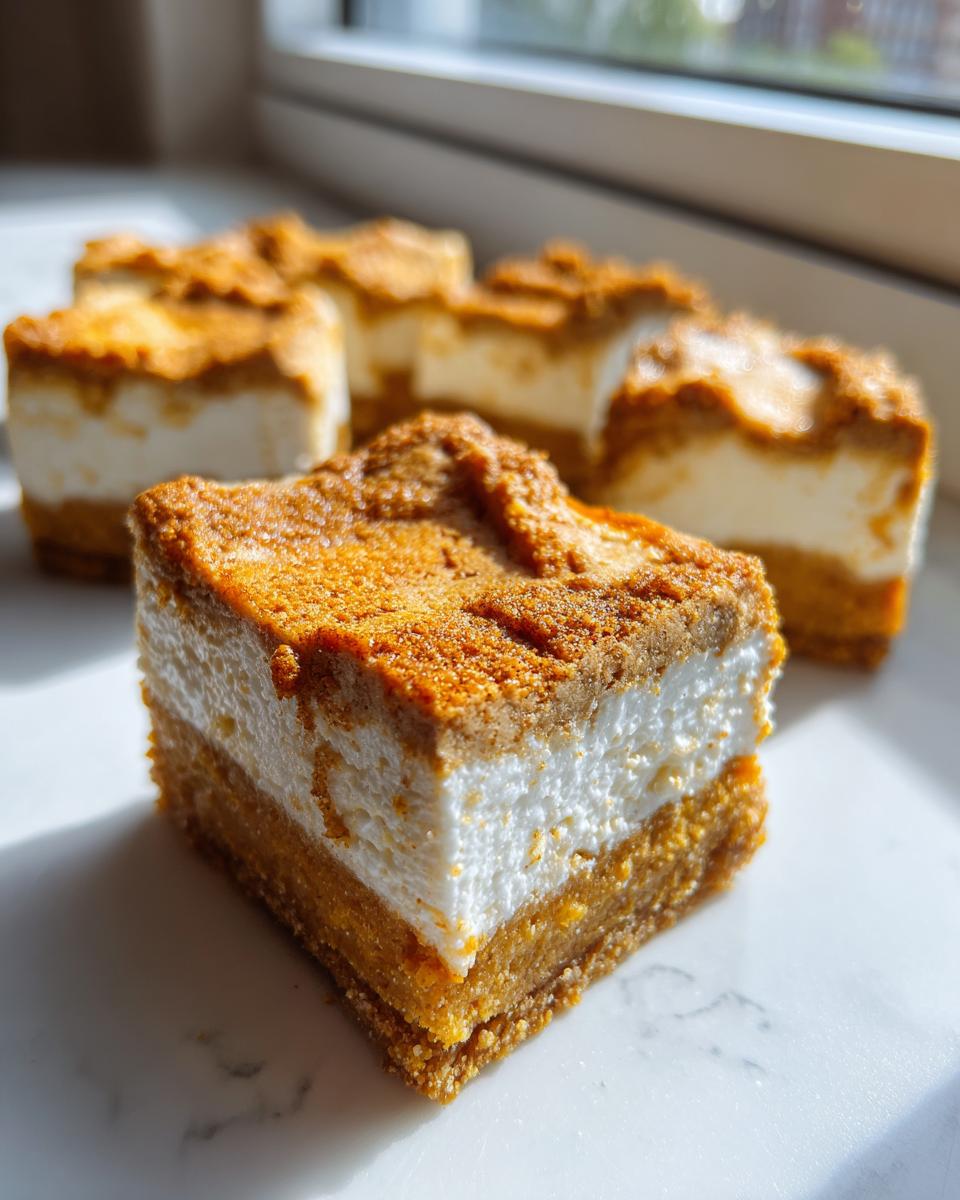 A close-up shot of a single square of keto apple cheesecake bars with a thick crust, creamy white filling, and crumbly topping.