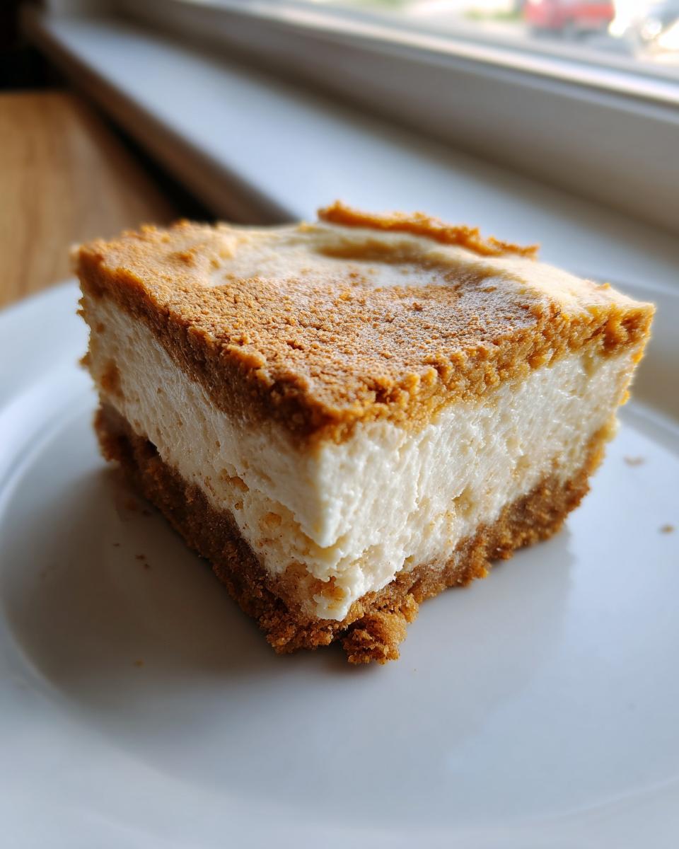 Close-up of a thick, creamy slice of keto apple cheesecake bars on a white plate.