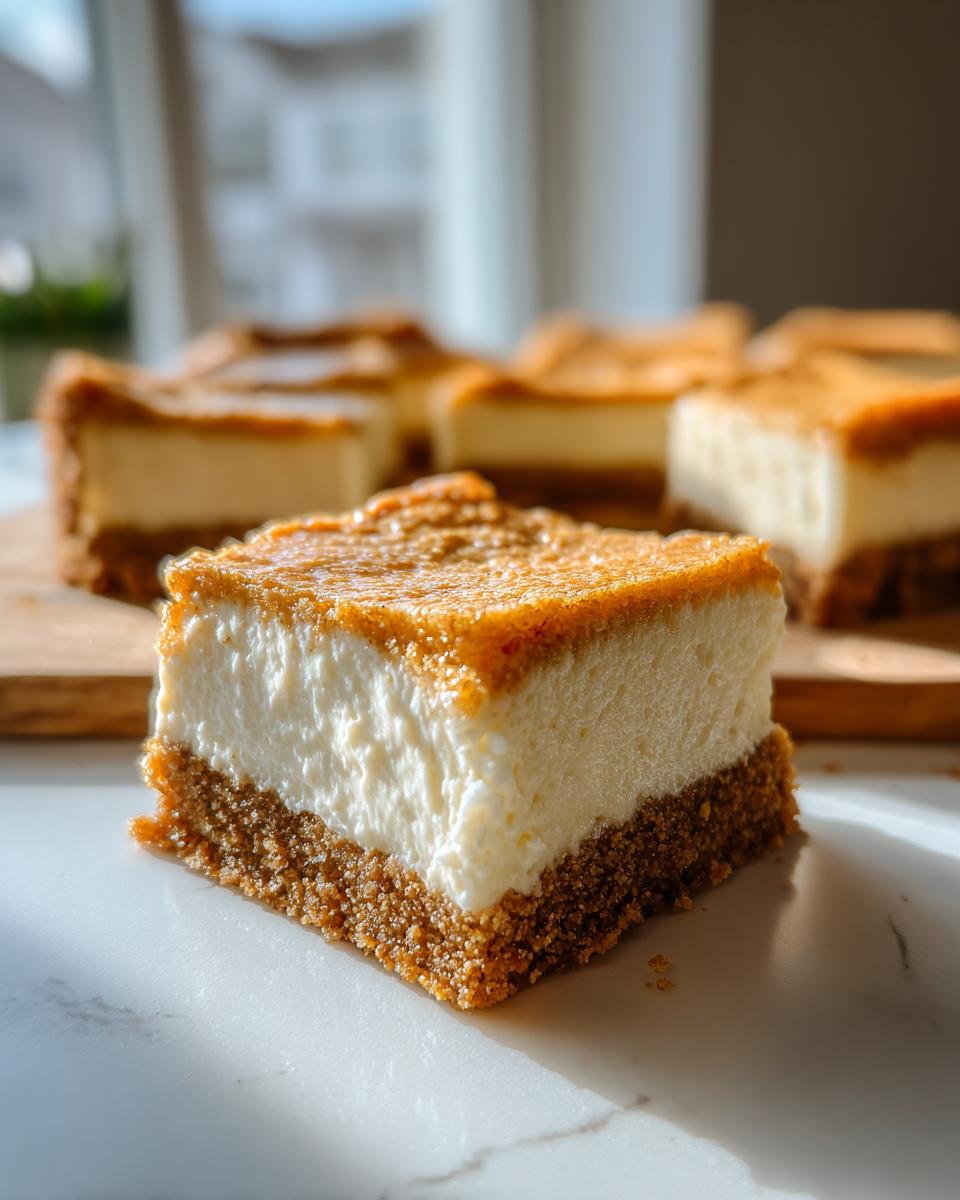 Close-up of a thick slice of keto apple cheesecake bars showing the graham cracker crust and creamy filling.