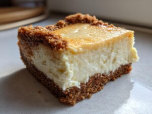 A close-up, macro shot of one perfectly baked keto apple cheesecake bars square showing creamy filling and crumbly crust.
